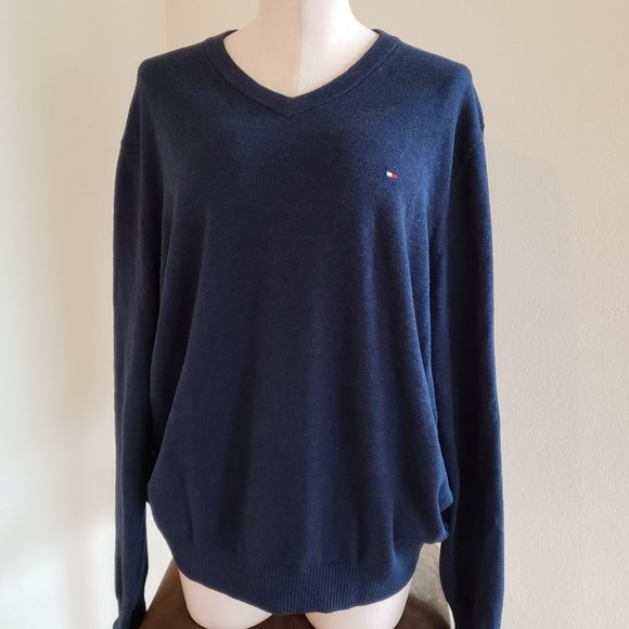 Tommy Hilfiger Mens V Neck Cotton Sweater XL Navy Long Sleeve Casual Pullover - Picture 1 of 11